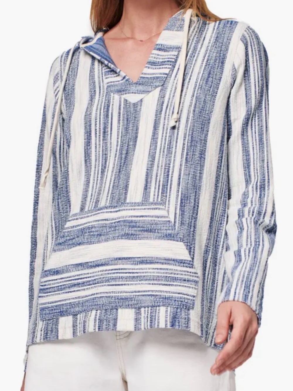 Faherty Islet Striped Poncho XS Blue Cream Hooded Coastal Baja Pullover Sweater